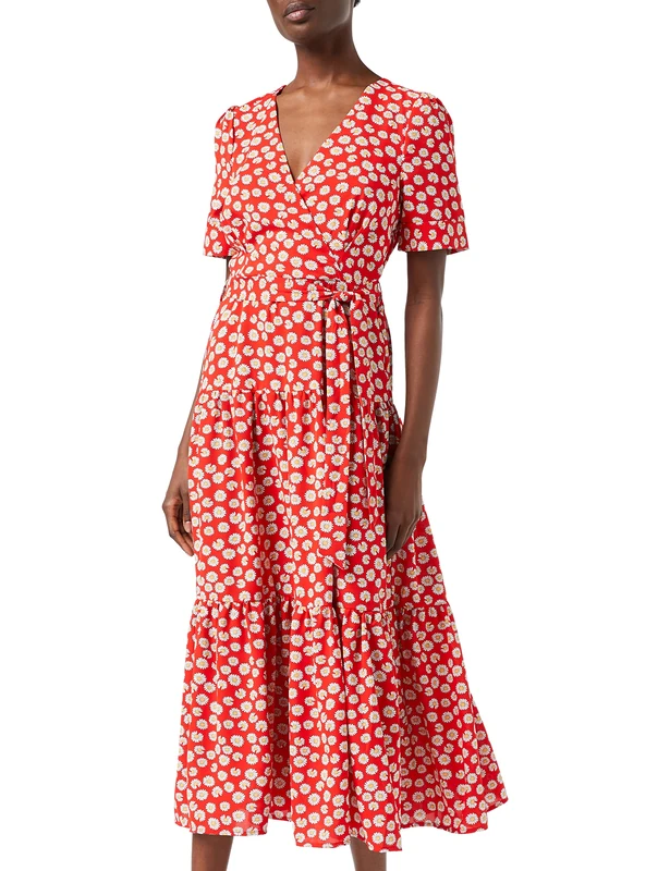 Louche Emin Tiered midi Dress in Daisy Dancer Print, Red, Size 16