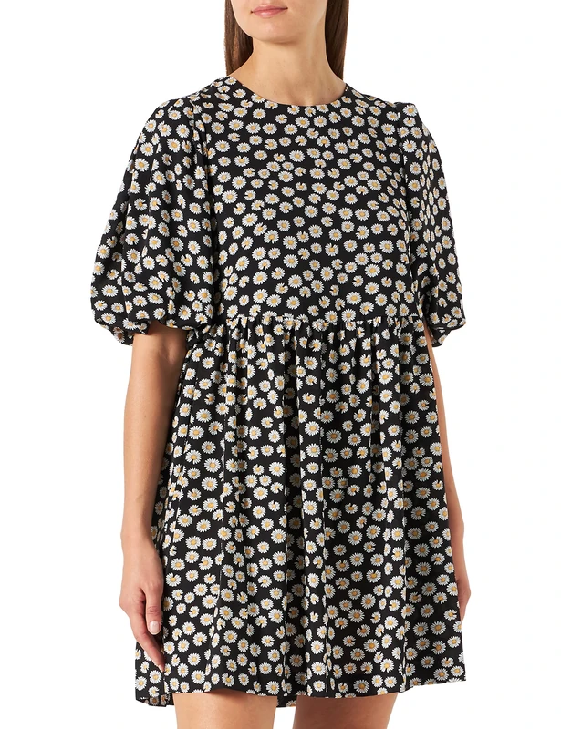 Louche Nacera Statement Sleeve mini Dress in Daisy Dancer Print, Black, Size 12