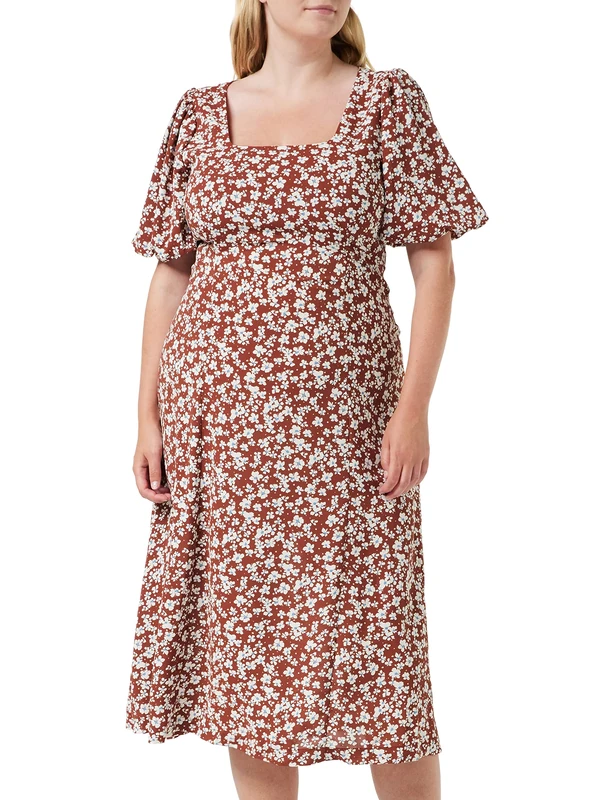 Louche Nadine Balloon Sleeve midi Dress in Pretty Woman Print, Brown, Size 16