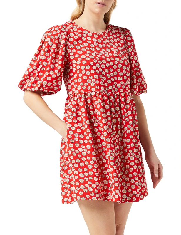 Louche Nacera Statement Sleeve mini Dress in Daisy Dancer Print, Red, Size 10