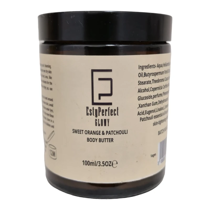 Estyperfect Glowy Organic Sweet Orange and Patchouli Body Butter great for dry and dehydrated skin.100ml