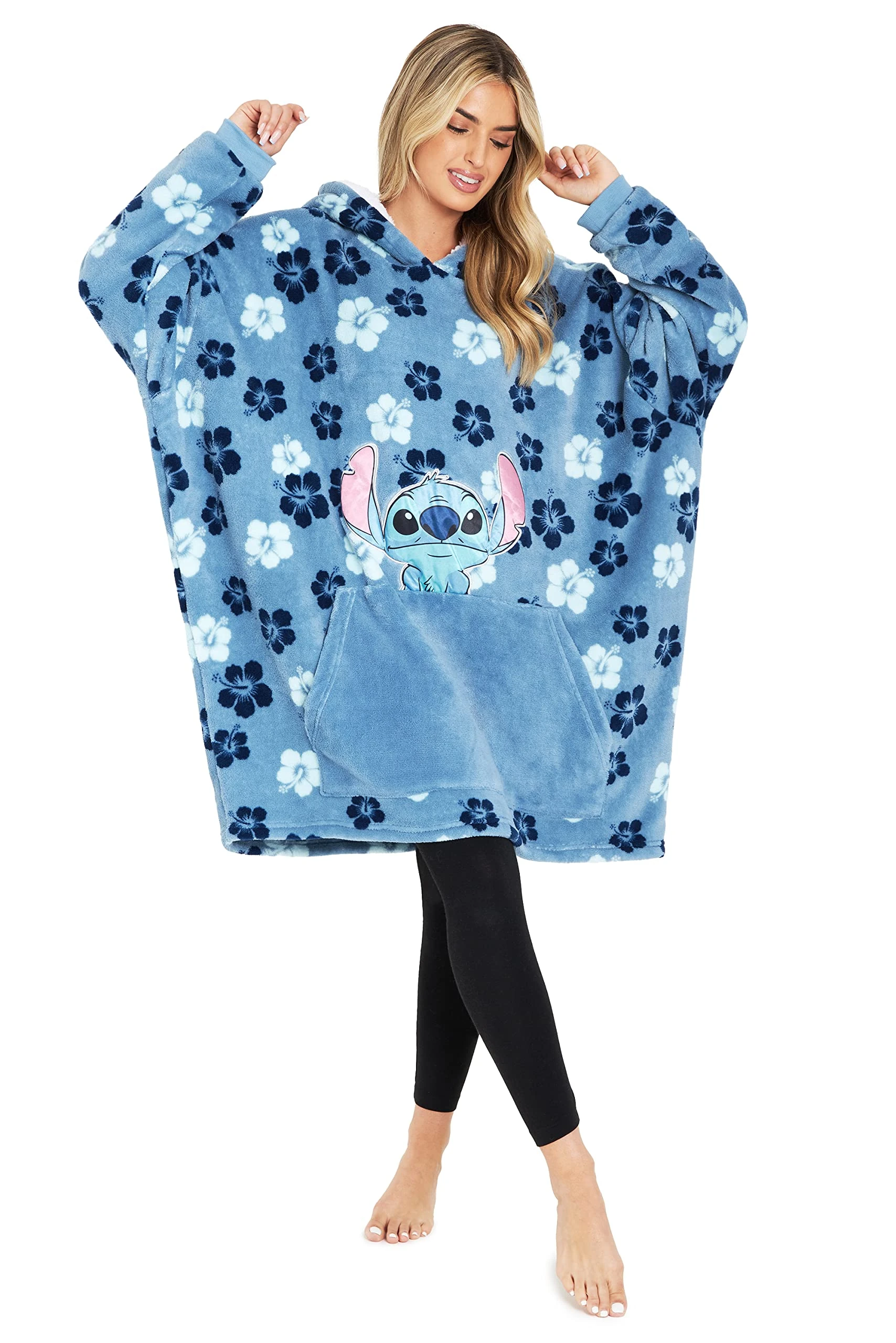 Disney Stitch Hoodie Blanket for Women Teenagers Fleece Wearable Blanket Warm Cosy Oversized Hoodie with Sherpa Hood Loungewear Stitch Gifts for Her (Blue Flowers Stitch)