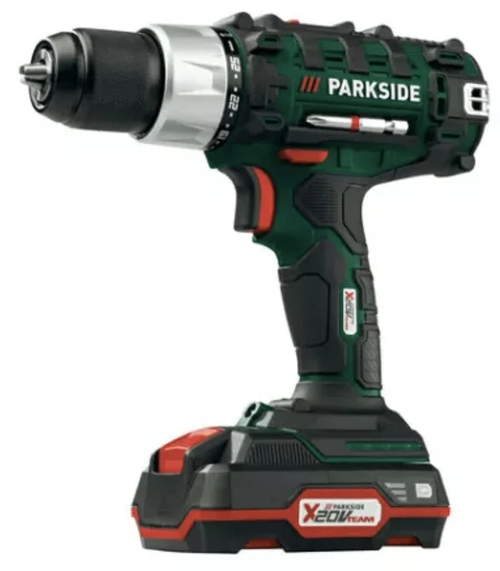 Parkside 20V Cordless Drill with 20V Battery, Quick Charger, 17 Piece Drill Bit Set and Screws, LED Lamp, Torque 40Nm, Drill Diameter 30mm (Wood), 13mm (Steel)