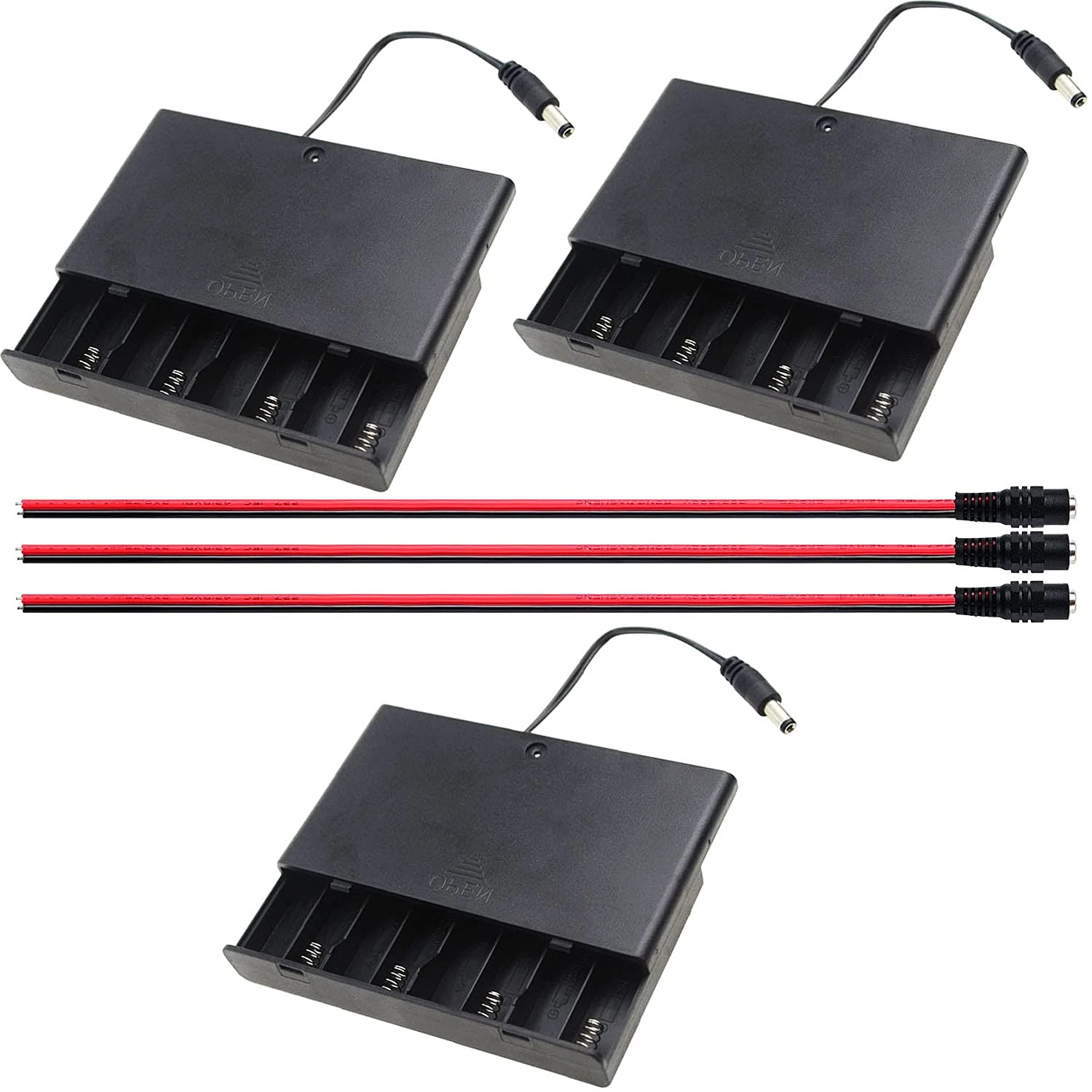 RUNCCI-YUN 3PCS AA 12V Battery Holder, 8 AA battery holder Case Plastic Battery Storage Box with ON/OFF Switch with 2.1mm x 5.5mm DC Plug +DC Power Pigtail Cable, for CCTV, DIY, Arduinos, motors