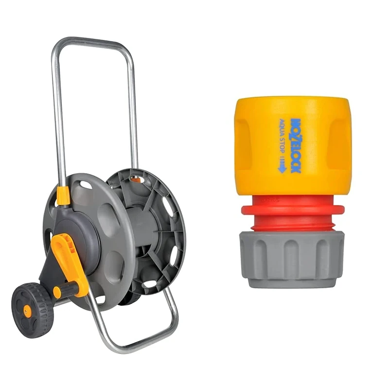 Hozelock 2398P0000 60m Hose Cart without hose & 2185P9000 AquaStop Connector (12.5mm & 15mm), Grey, Orange, Red