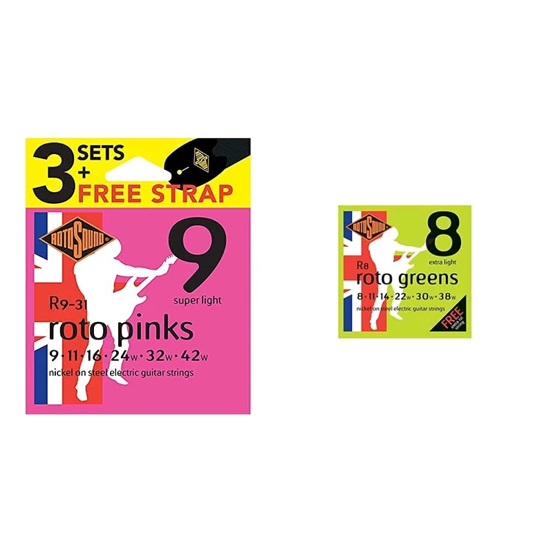 Rotosound R9-31 Electric Guitar Strings with Strap (Pack of 3) & Nickel Extra Light Gauge Electric Guitar Strings (8 11 14 22 30 38), R8