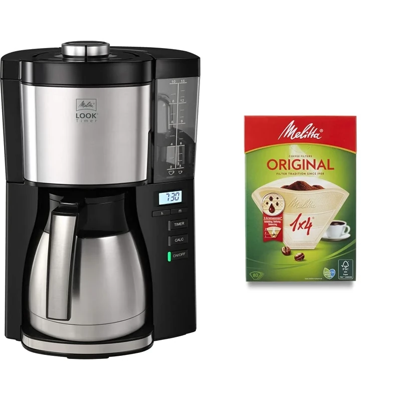 Melitta 6769008 LOOK V THERM TIMER BLACK & 6658076 Pack Original Size 1x4, 80, Filter Coffee Makers, Brown, Paper