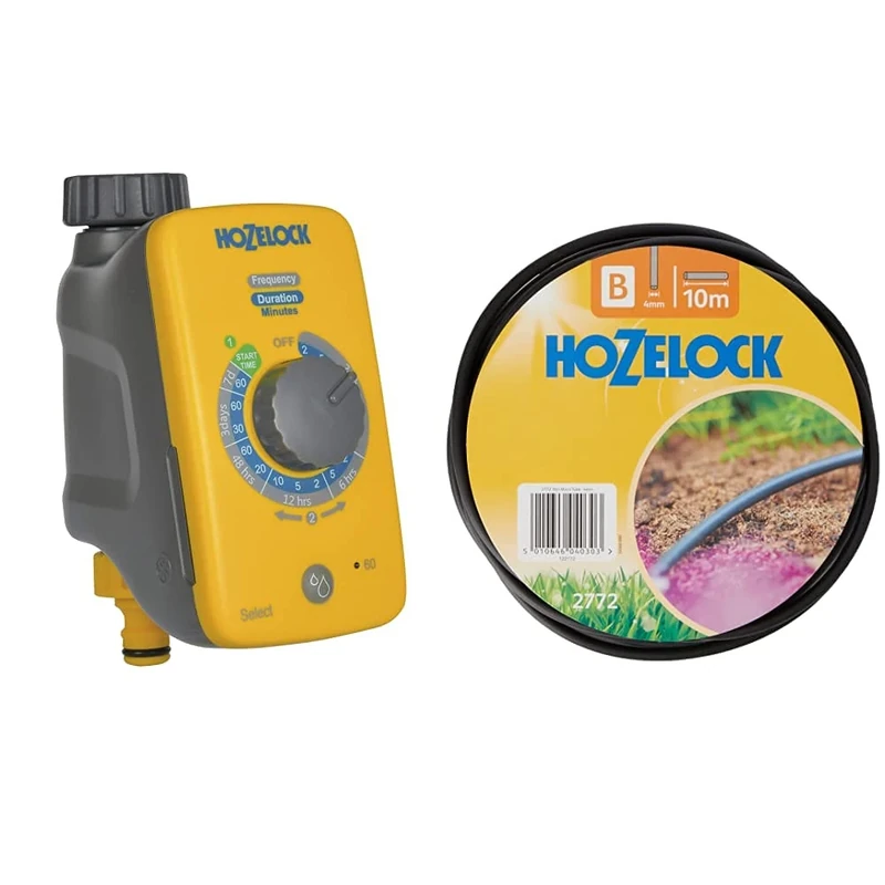 Hozelock Ltd Hozelock Select Controller Water Timer, Standard & 2772P0000 Micro Tube 4mm - 10m, Multi-colour
