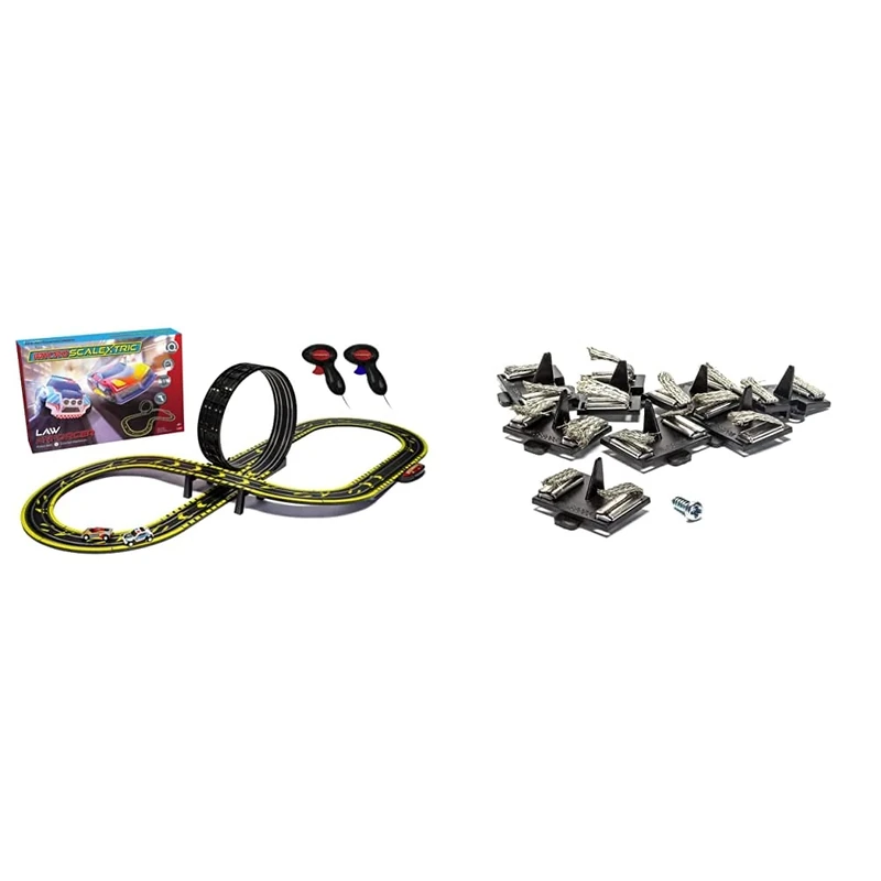 Scalextric G1149 Law Enforcer Mains Powered Slot Racing Set, Multi Colour & Micro G8047 Spare Guide Blade Pack of 8 with Screw Track Accessory