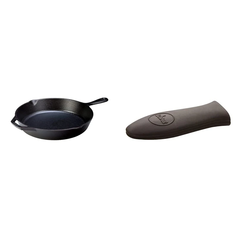 LODGE L10SK3CN 30.48 cm/12 inch Pre-Seasoned Cast Iron Round Skillet/Frying Pan, Black & Mini Silicone Hot Handle Holder, Black, Inoxidable