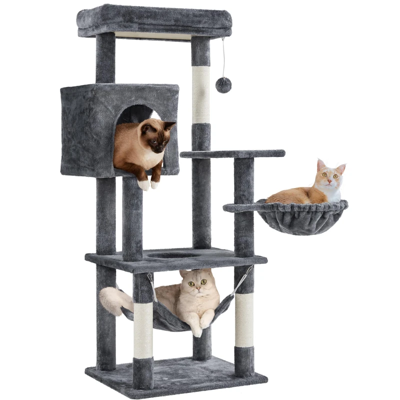 Yaheetech 130.5cm Cat Tree Cat Tower with Large Top Perch＆Condo Climbing Play Center w/Scratching Posts/Basket/Hammock Dark Grey
