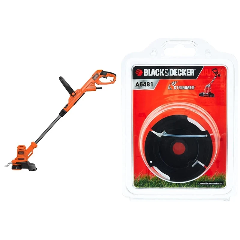 Black + Decker BESTA525GB Strimmer Grass Trimmer, 450 W & BLACK+DECKER Spool and Line 10 m for Reflex Strimmer Nylon Wire 1.6 mm Diameter Transparent and Resistant A6481-XJ