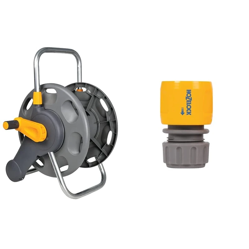 Hozelock 2475 0000 60m 2 in 1 Empty Hose Reel & 2166P9000 Hose end connector (12.5mm & 15mm), Grey