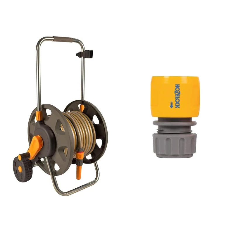 Hozelock 2434 0000 60m Assembled Hose Cart with 30m Hose & 2166P9000 Hose end connector (12.5mm & 15mm), Grey