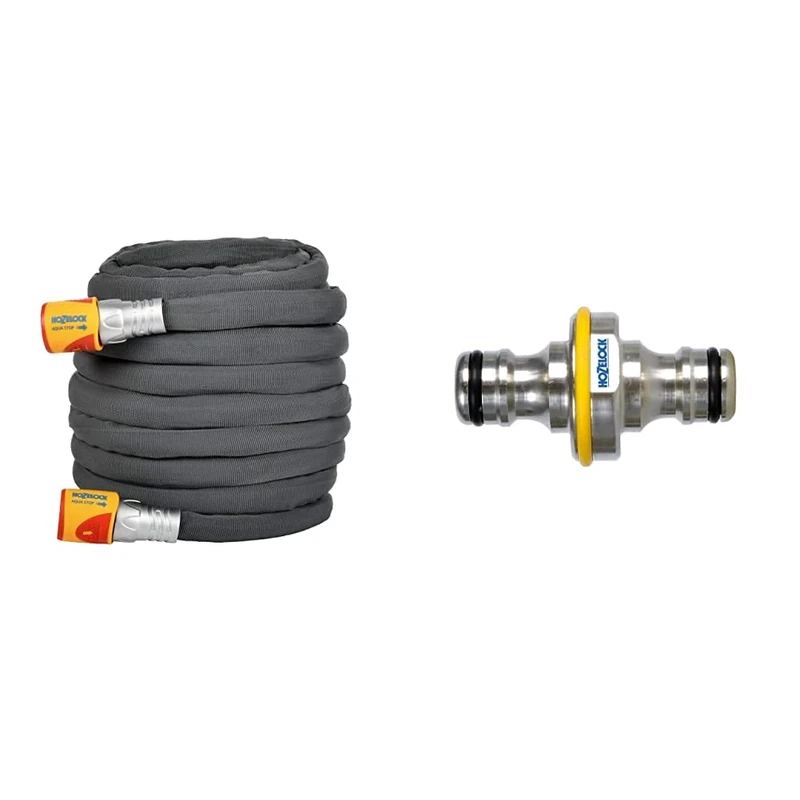 Hozelock Ltd 8135 1240 35m Tuffhoze Garden Hose, Grey, 35 m & 2044P0000 Pro Metal Double Male Hose End Connector, Silver