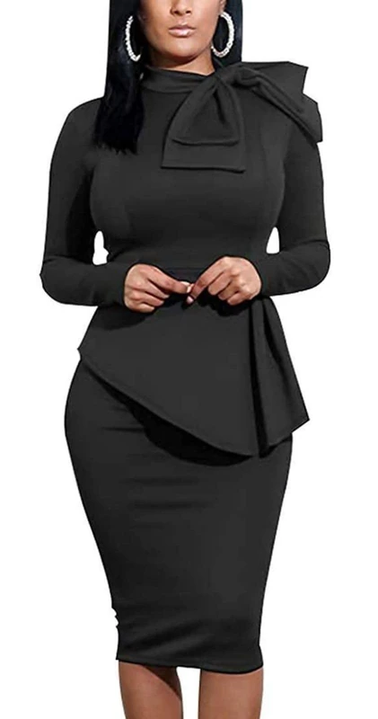 PerZeal Women's Fashion Peplum Bodycon Short Sleeve Work Dresses Bow Club Ruffle Pencil Formal Cocktail Dress, 5349black 1, X-Large