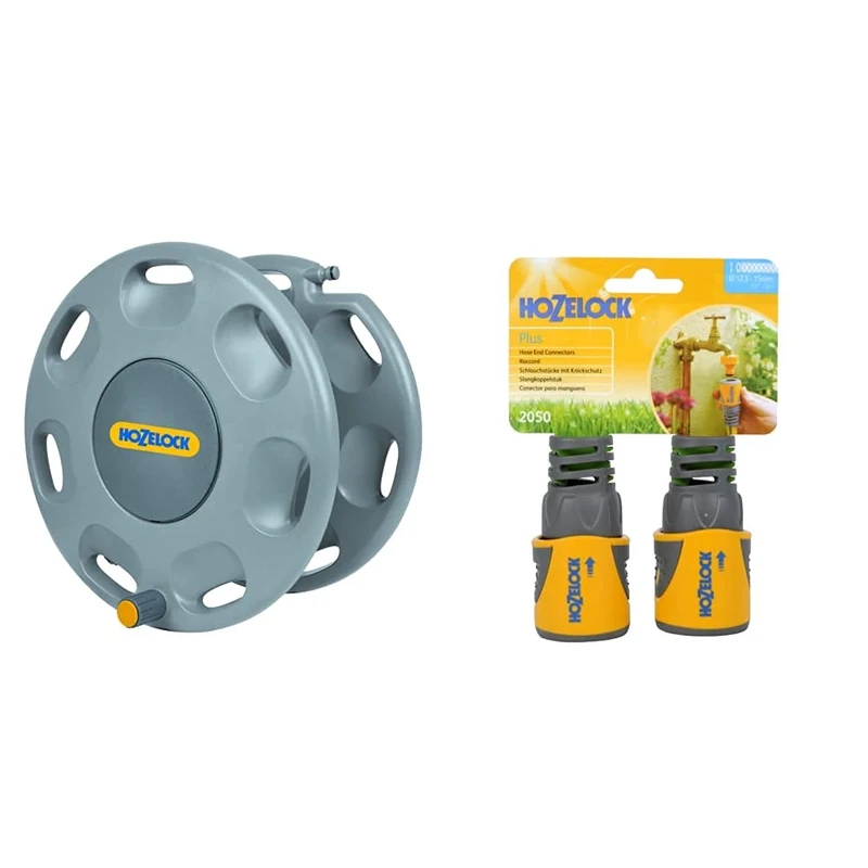Hozelock 2390D0000 60m Wall Mounted Reel Without Hose and Nozzle (Yellow/Gray) and Hozelock HOZ2050AV Hose End Connector Plus (12.5mm & 15mm) Twin Pack
