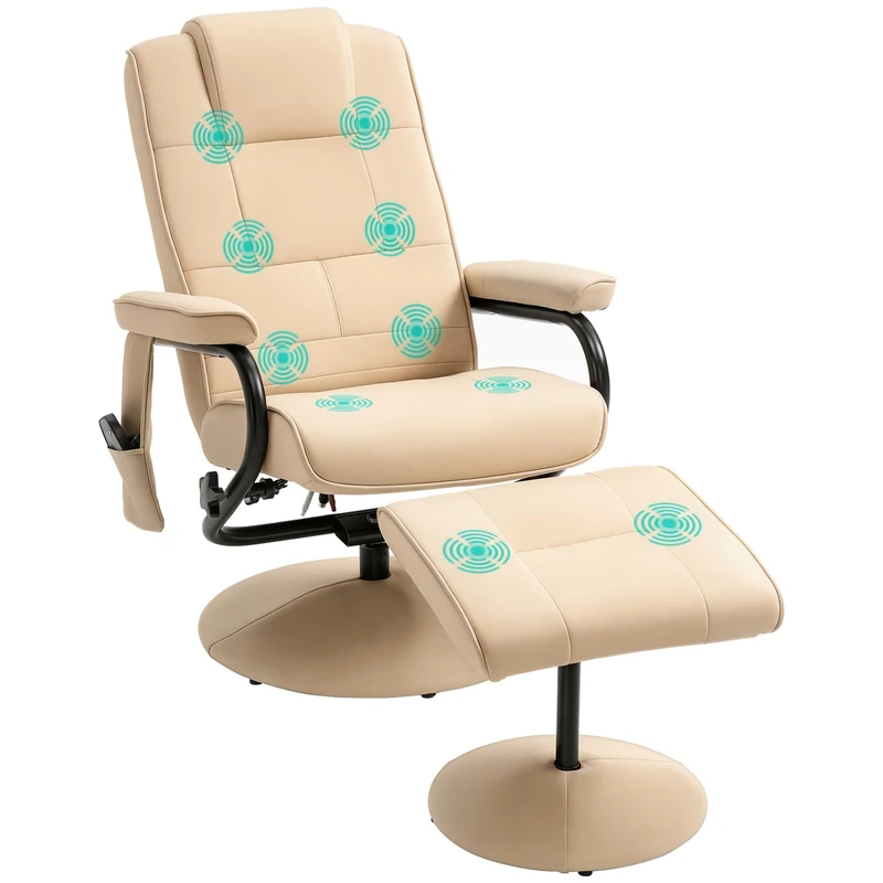 HOMCOM Manual Sofa Reclining Armchair PU Leather Massage Recliner Chair and Ottoman, Cream - Image 1
