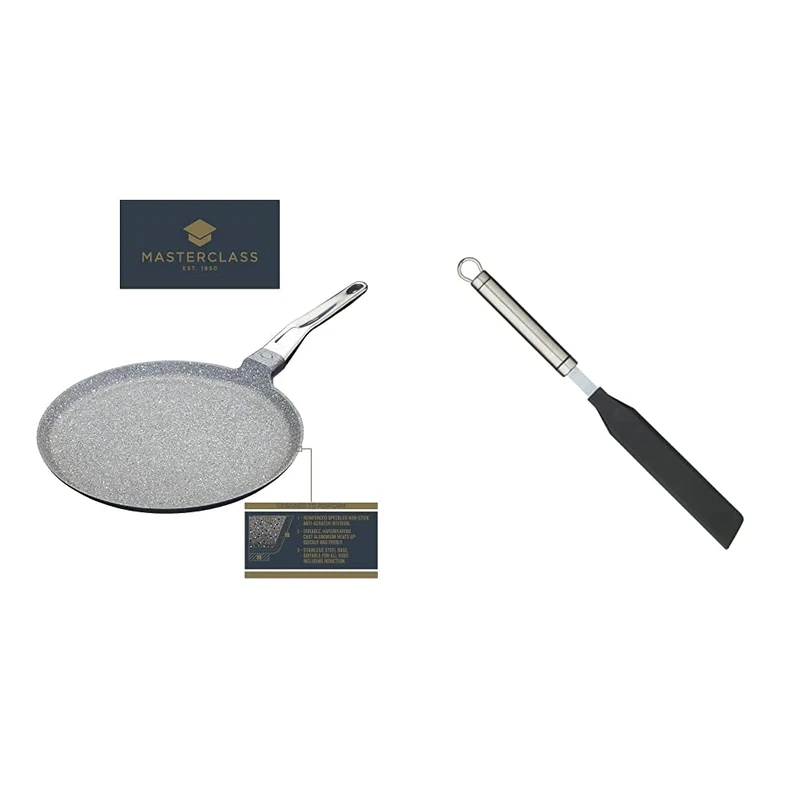 MasterClass MCMCP28 Cast Aluminium Induction-Safe Non-Stick Crêpe Pan, 28 cm (11"), Grey & KitchenCraft Professional Plastic Spatula/Palette Knife with Stainless Steel Handle, 33 cm