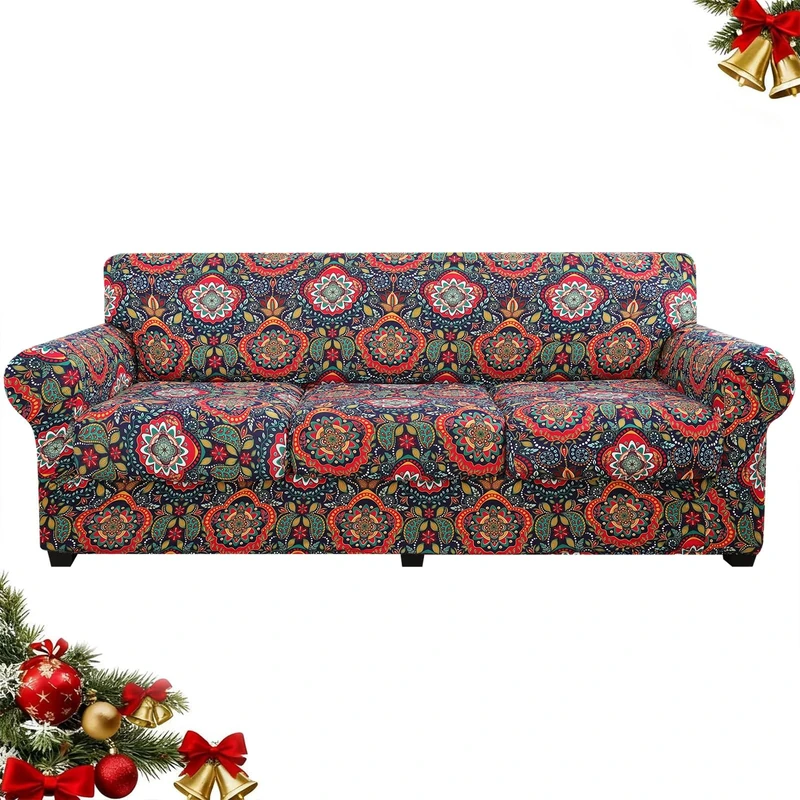 hyha Printed Sofa Couch Cover for 3 Cushion Couch - Floral Pattern Sofa Cover with Separate Cushion Cover, 4 Pieces Stretch Sofa Slipcover Washable Furniture Protector (Sofa, Mandala Floral)