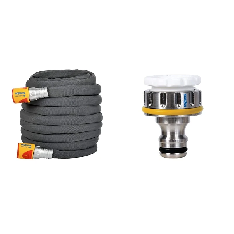 Hozelock Ltd 8112 8000 12.5m Tuffhoze Garden Hose, Grey & Metal Threaded Connector Pro 3/4 inch for Taps