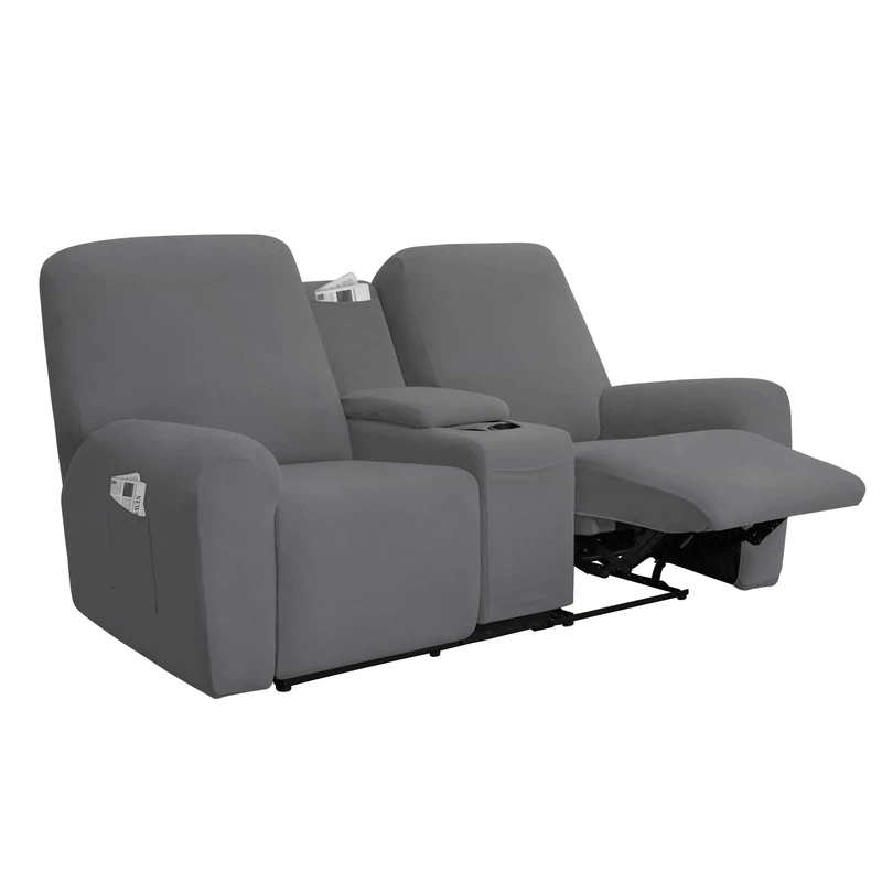 Easy-Going Stretch Recliner Loveseat Cover with Center Console Sofa Slipcover Soft Fitted Fleece 2 Seats Couch with Holder and Storage Washable Furniture Protector Gray