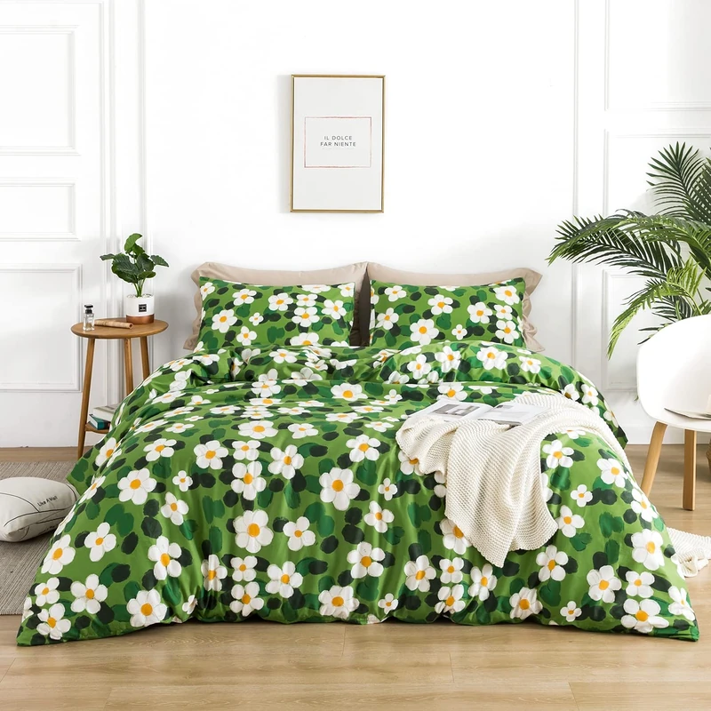 YuHeGuoJi King Size 3 Pcs Cotton Duvet Cover Set, Sage Green Floral Watercolor Botanical Pattern, 100% Cotton, Zipper Closure, 1 Duvet Cover, 2 Pillowcases