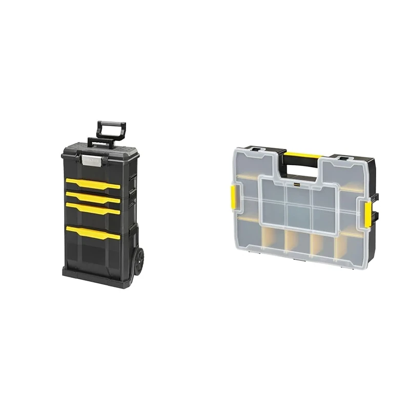 STANLEY Rolling Workshop Toolbox, Detachable Toolbox with Drawers, Flip Bin, Back Pocket, 7" Heavy Duty Wheels, 1-79-206 & 1-94-745 Sort Master Seal Tight Professional Organiser