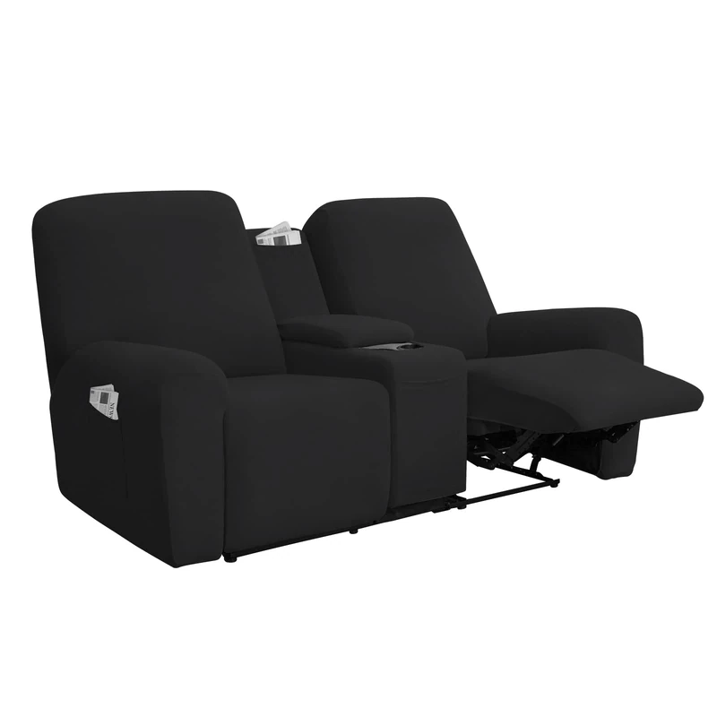 Easy-Going Stretch Recliner Loveseat Cover with Center Console Sofa Slipcover Soft Fitted Fleece 2 Seats Couch with Holder and Storage Washable Furniture Protector Black