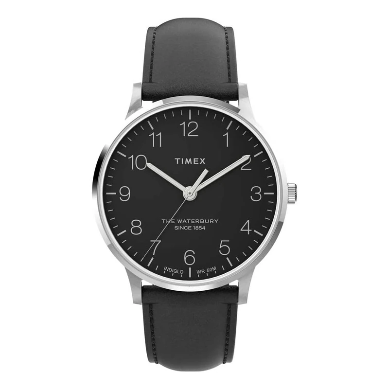 Timex Men's Waterbury 40mm Watch - Stainless Steel Case with Black Dial and Black Leather Strap TW2V01500