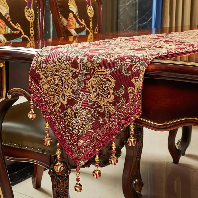 Luxury Vintage Design Table Runner 90 inches Long Embroidery Jacquard Fabric with Multi-Tassels Table Runners for Dining Room Dresser Christmas Thanksgiving Party Decorations (Red, 12X90inch)