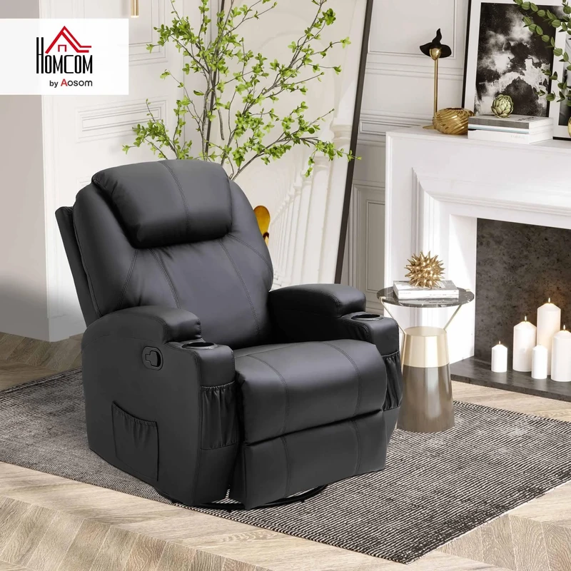 HOMCOM Recliner Chair, Recliner Massage Rocker Chair with 360° Rotate, 165° Reclining Function, Adjustable Footrest, Swivel Armchair Single Sofa for Living Room with Drink Holders, Side Pockets, Black