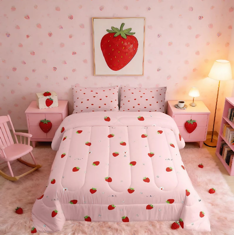Kawaii Bedding, Pink Strawberry Decor Comforter Set Full, for Women Girls Kids Kawaii Room Decor, Cute Strawberry Duvet Set Reversible Cute Kawaii Strawberry Quilt Duvet Insert with 2 Pillowcases