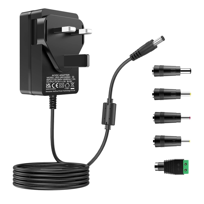 TKDY 24V 1.5A Power Supply 36W AC DC Adapter 5.5x2.5mm DC Plug for LED Strip Light, CCTV Camera, Mini-TV and more, 1.5 Amps Max