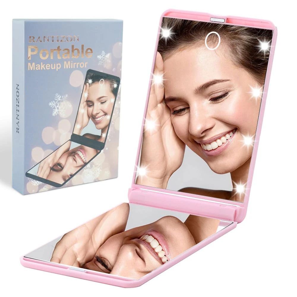 Rantizon Birthday Gift for Women Stocking Fillers Portable Makeup Dimmable 8 LEDs Lighted Mirror 1X & 2X Magnification Gifts for Women Compact Gifts for Her for Teenage Girls Pink