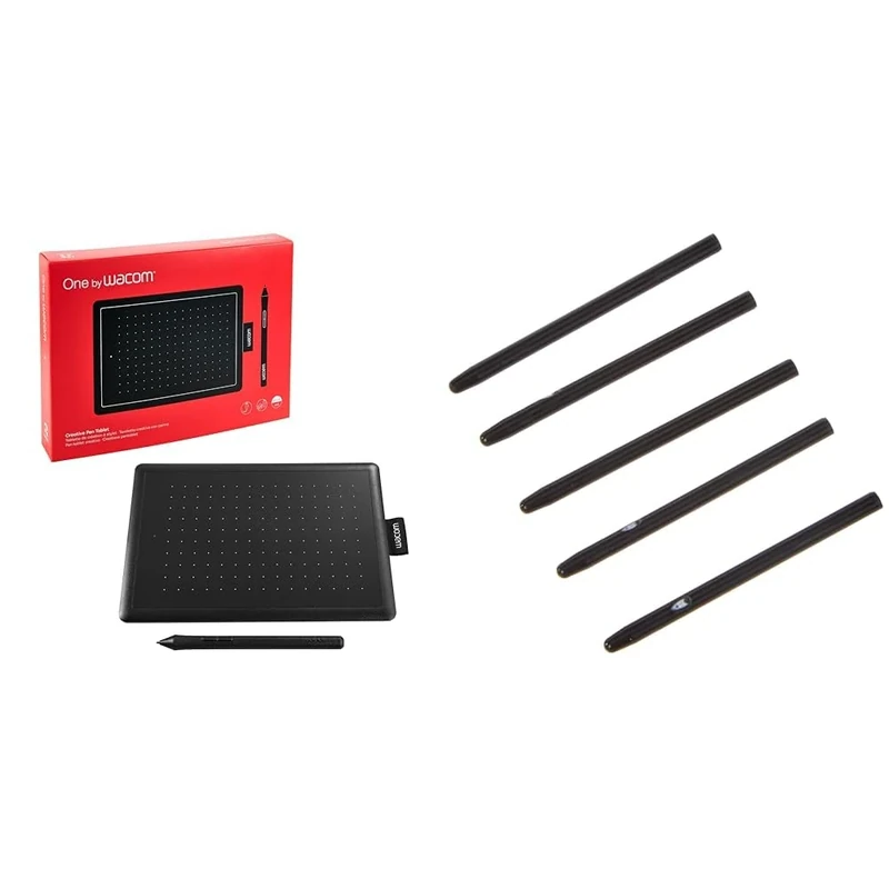 One by Wacom Pen Tablet Small - for Windows, Mac OS and Chrome OS (incl. battery-free pen, USB-connection, black&red) + Nibs