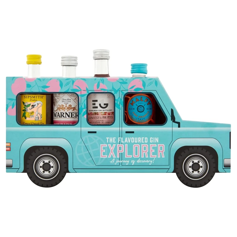 The Flavoured Gin Explorer. Malfy Gin Con Arancia, Warner's Rhubarb Flavoured Gin, Edinburgh Gin Distillery Strawberry & Pink Pepper Liqueur, Sipsmith Lemon Drizzle Gin. 4x5cl Gift Set by Blue Tree