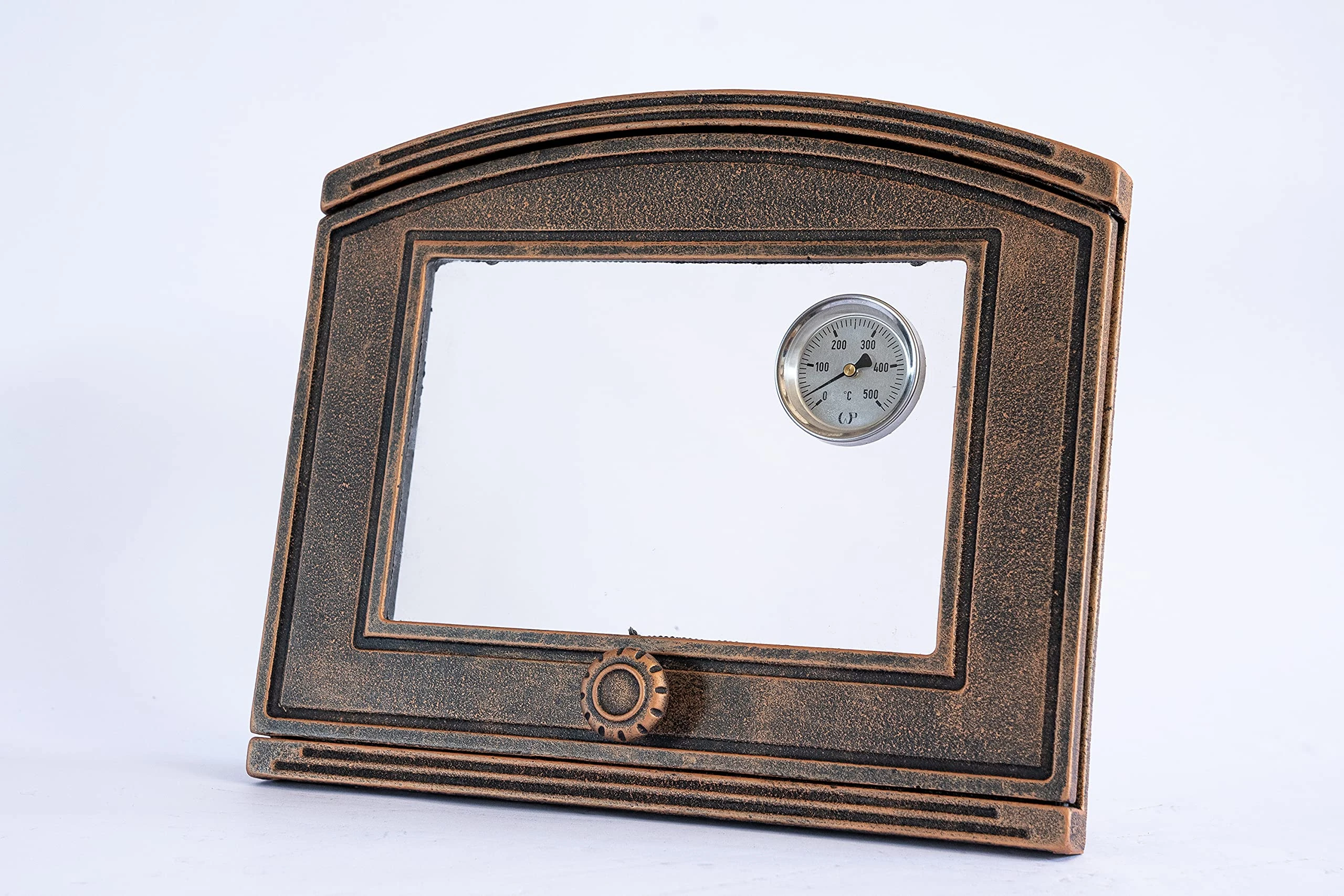 SEZAM cast iron oven door with thermometer 500 °C, heat-resistant glass pane, opens to the left, pizza oven door - bread oven - stone oven door, 37 x 6 x 31.5 cm - semicircular, copper
