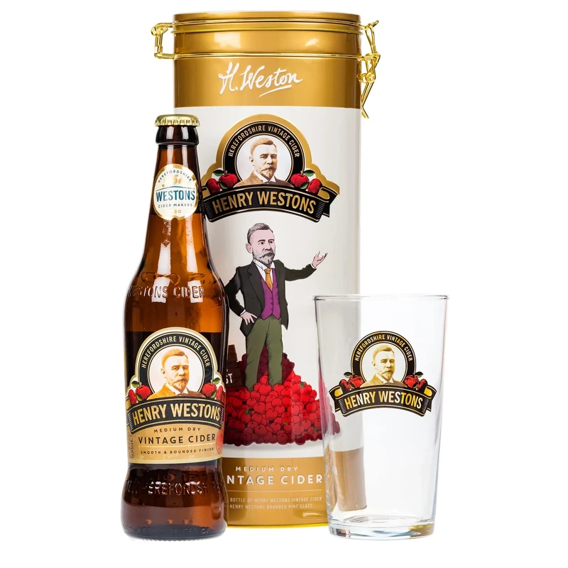 Henry Weston's Vintage Cider 500ml Beer & Branded Glass Gift Set in Collectable Tin by Blue Tree Gifts
