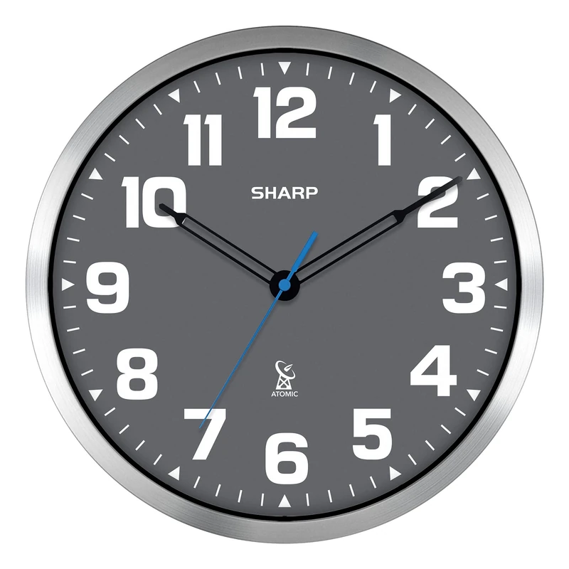Sharp Atomic Analog Wall Clock - 12 inch Grey Face, Silver Brushed Finish - Sets Automatically- Battery Operated - Easy to Read - Easy to Use - Modern Design and Style