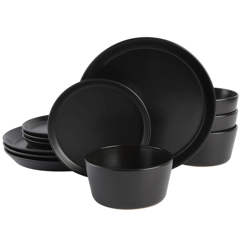 Gibson Soho Lounge Sofia Coupe Dinnerware Set, Service for 4 (12pcs), Black