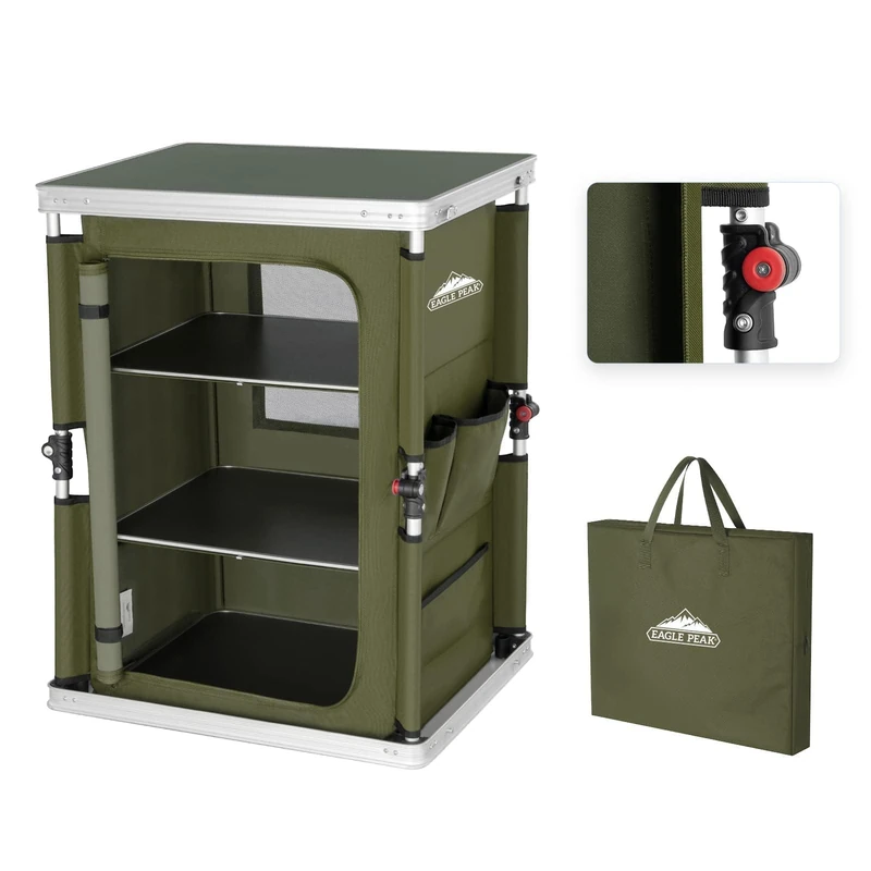EAGLE PEAK Folding Camping Table Outdoor 3 Tier Organizer Side Pockets Portable Aluminum Kitchen Green