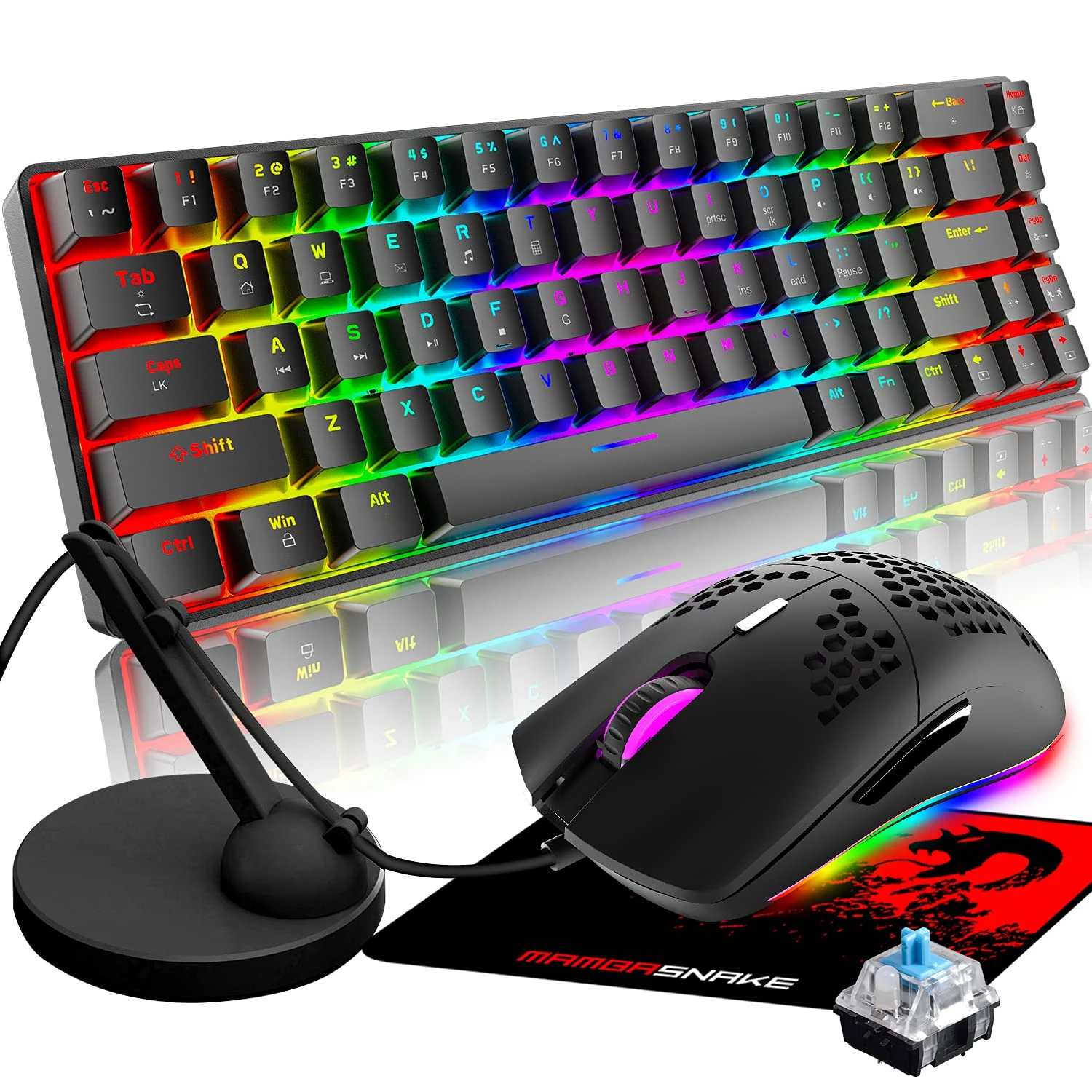 60% Mini 68 Key RGB Backlit Wired USB C Gaming Mechanical Blue Switch Keyboard + Rainbow Backlight 6400 DPI Mouse + Bungee Cable Cord Management Fixer Holder + Mouse Pad For ESports,Game,office