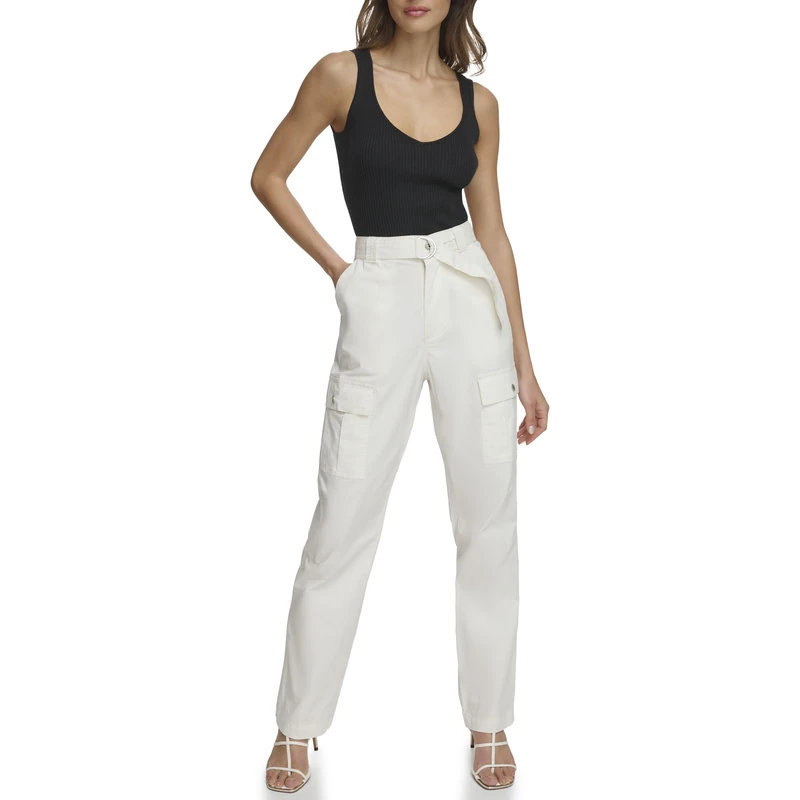 DKNY Women's Belted Cargo Trousers, Pristine, 12, Pristine, 16