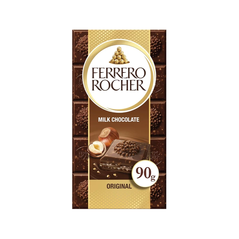 Ferrero Rocher Original Milk Chocolate Bars and Hazelnut, Party Food, Chocolate Hamper, Milk Chocolate with Crunchy Whole Hazelnut and Cocoa Filling, (90g)