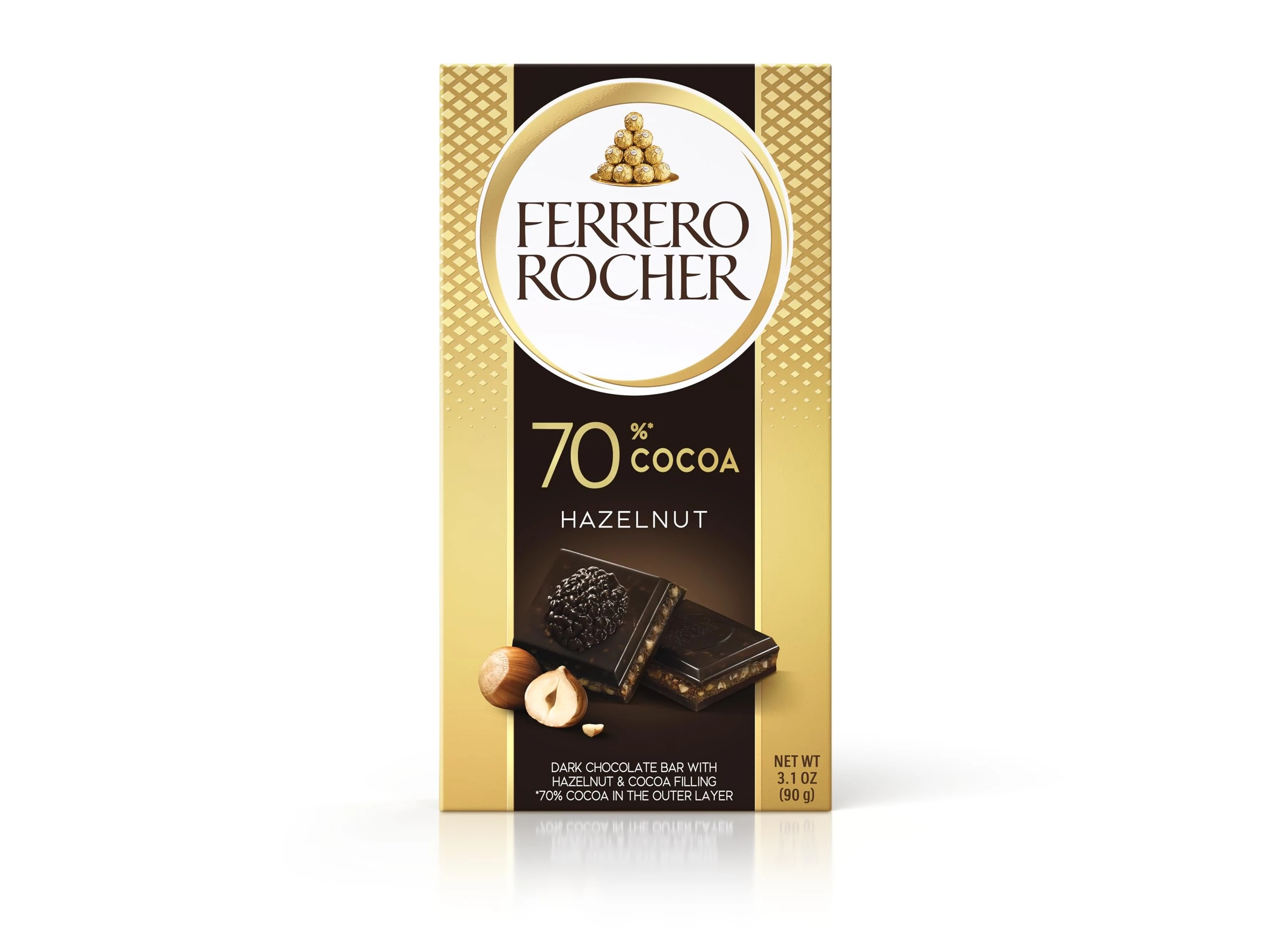 Ferrero Rocher Dark Chocolate and Hazelnut Bar, Chocolate Bars, 55 Percent Dark Chocolate with Crunchy Whole Hazelnut and Cocoa Filling, (90g)