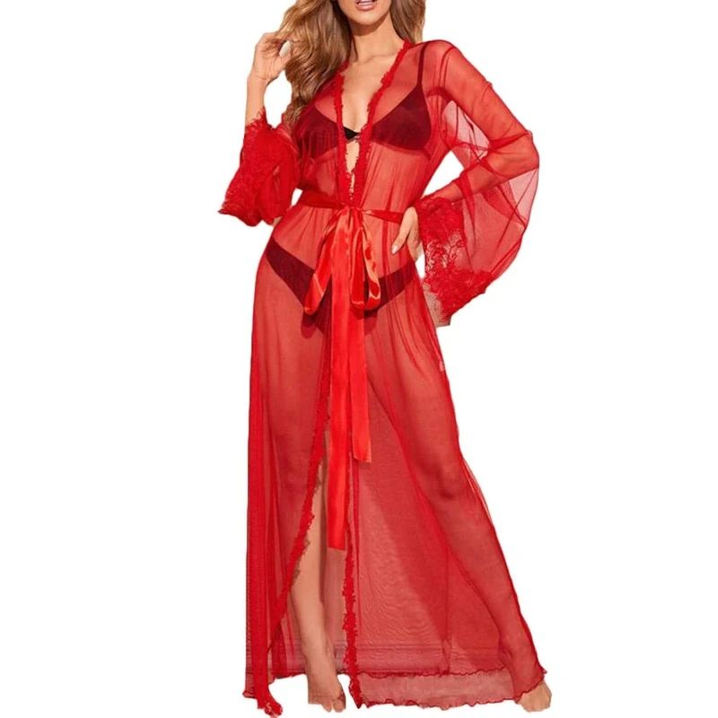 Women's Baby Dolls Sexy Perspective Lace Porno Underwear Sleepwear Sexy Thin Set-red_M