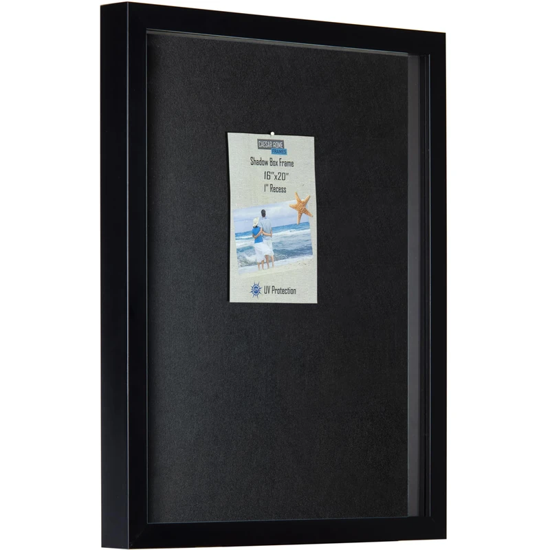 Caesar Home Large Shadow Box 16x20 Black Frame with UV Protection | 2 Background Options, Black Felt or Natural Linen | Hang Horizontally or Vertically | 16 White Headed pins Included