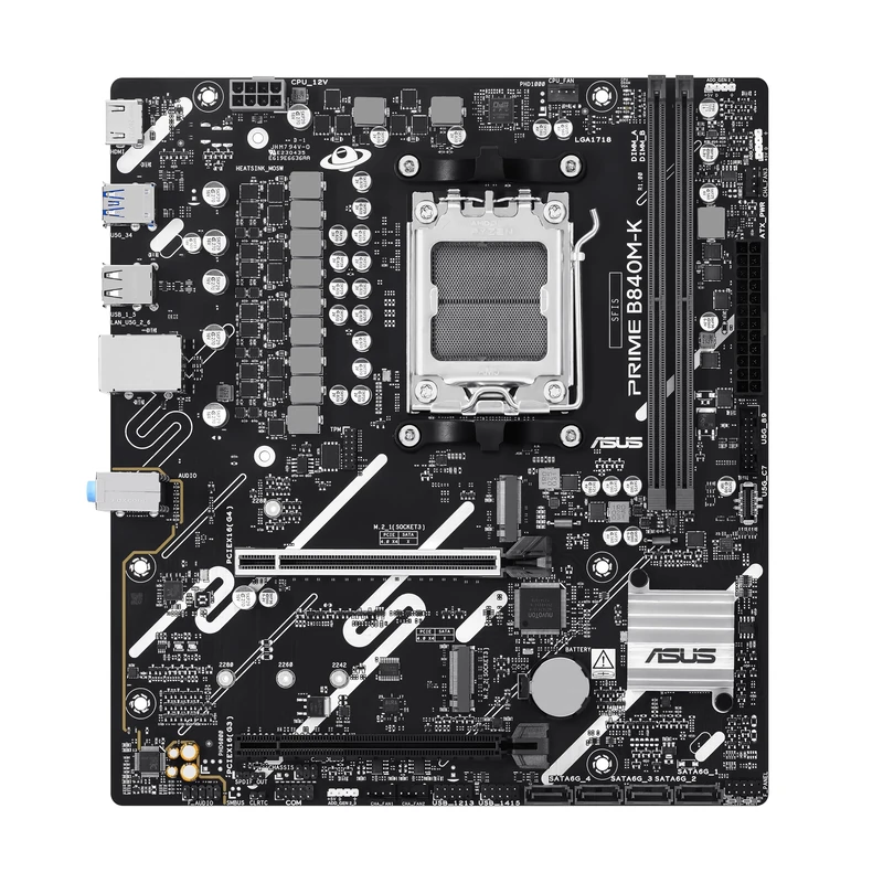ASUS Prime B840M-K AMD B840 Micro-ATX Motherboard (DDR5, Two M.2 Slots, Realtek 2.5Gb Ethernet, HDMI, Front USB 5Gbps Type-C, Aura Sync)