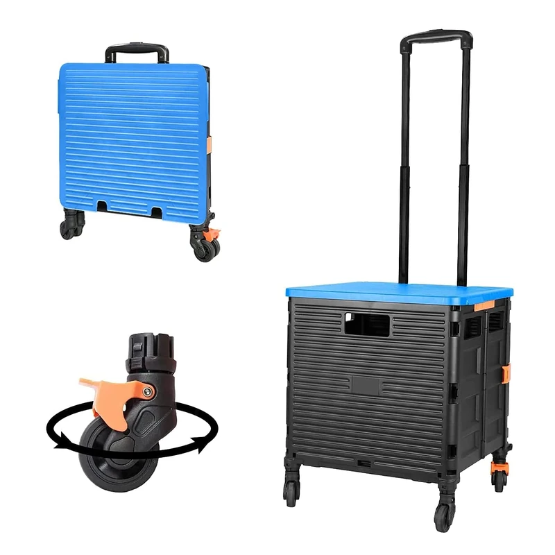 FELICON SELORSS Foldable Utility Cart Folding Portable Rolling Crate Handcart with Heavy Duty Telescoping Handle Collapsible 4 Rotate Wheels for Travel Shopping Move Luggage Office Use(Black+Blue)